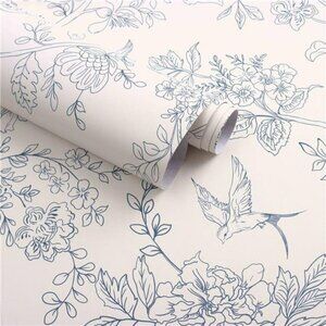 Floral Peel and Stick Wallpaper Blue Cream Vintage Removable Contact Paper